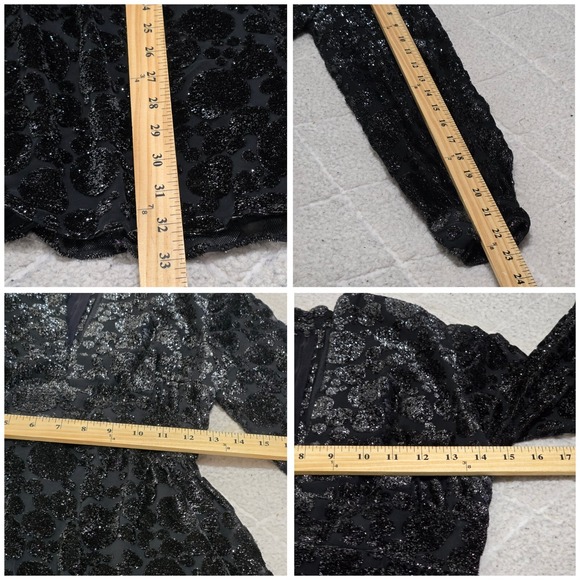 Jayna Vtg  Black Metallic Deep V Neck Party Dress Brocade Bishop Sleeve Size S - Picture 11 of 13